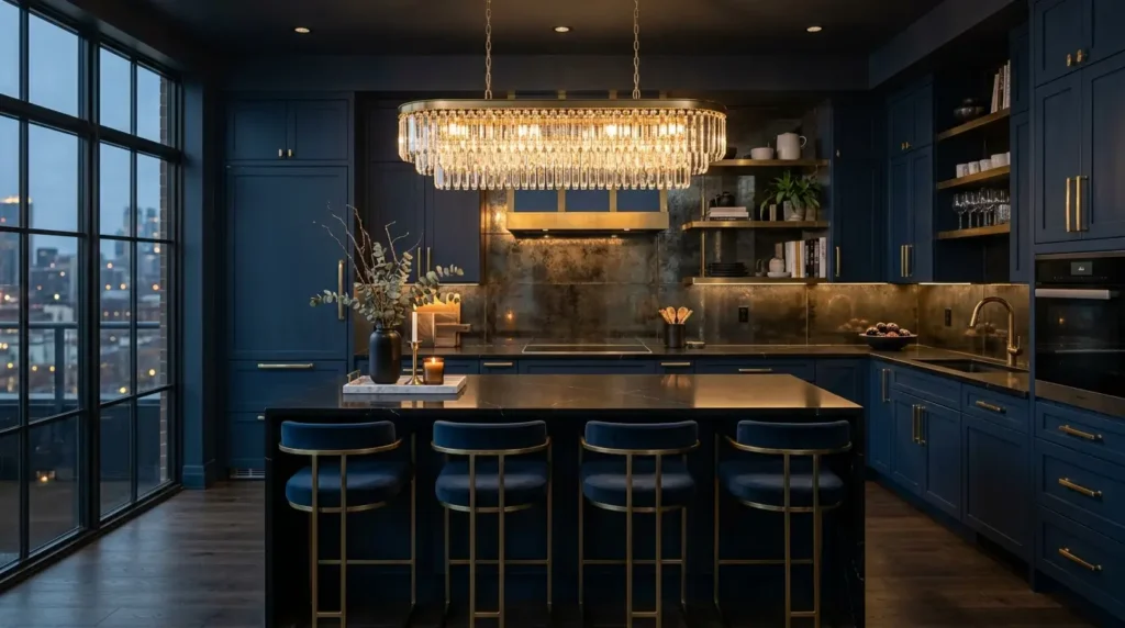 Sophisticated dark modern kitchen with midnight blue velvet-finish cabinets, an antique bronze mirror backsplash, and brass hardware.
