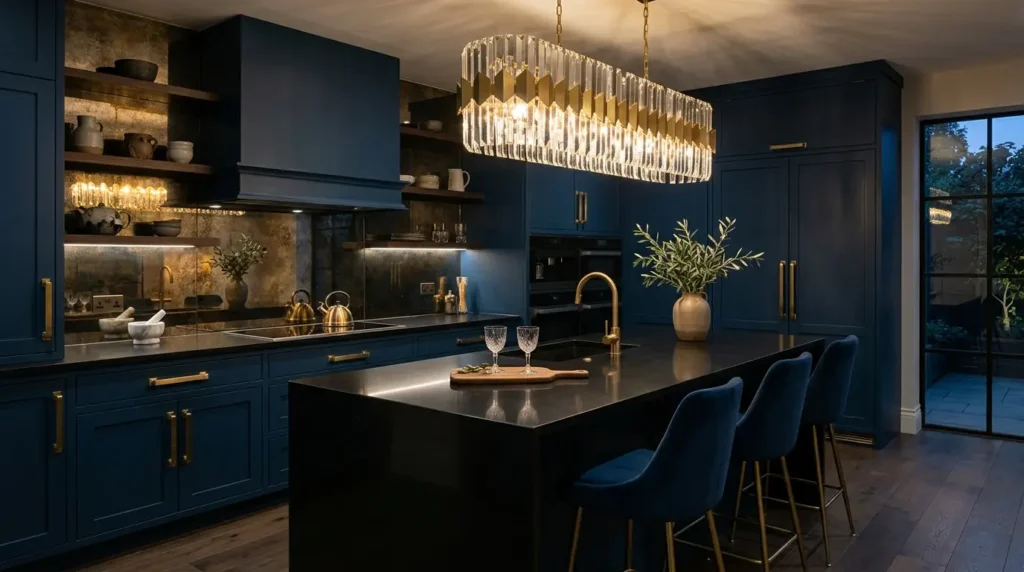 Sophisticated dark modern kitchen with midnight blue velvet-finish cabinets, an antique bronze mirror backsplash, and brass hardware.