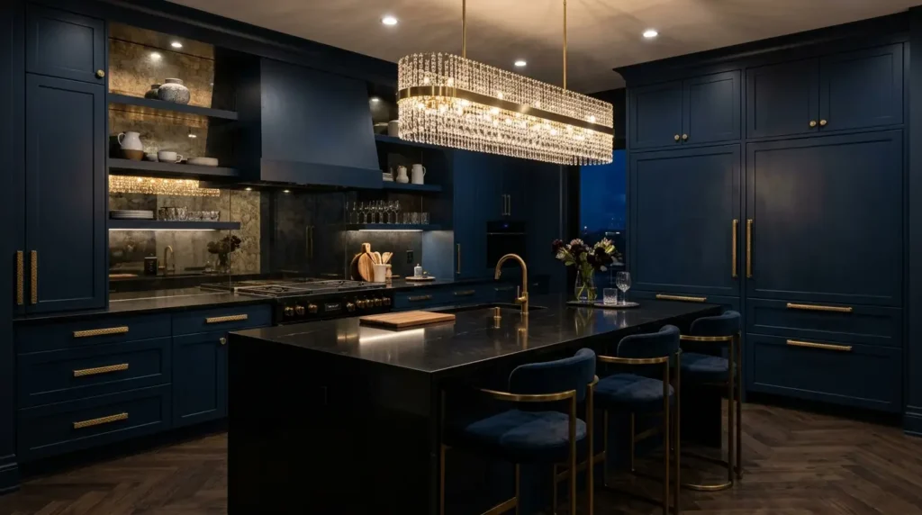 Sophisticated dark modern kitchen with midnight blue velvet-finish cabinets, an antique bronze mirror backsplash, and brass hardware.