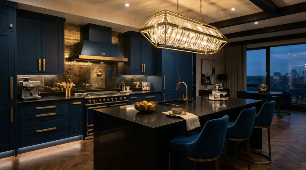Sophisticated dark modern kitchen with midnight blue velvet-finish cabinets, an antique bronze mirror backsplash, and brass hardware.