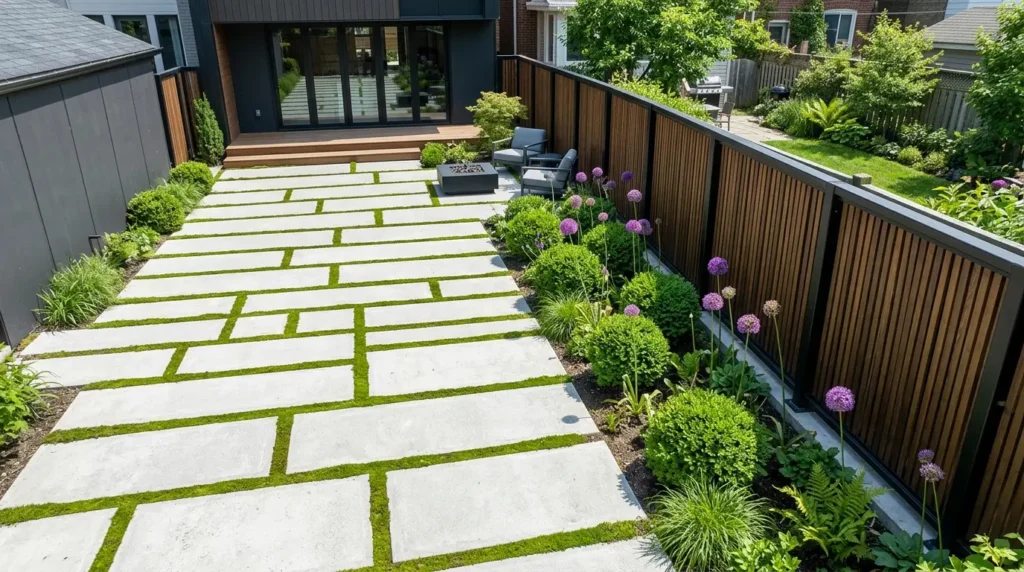 A modern backyard features a pathway of large rectangular concrete slabs with green grass growing between them. On the right, a row of purple flowering plants and lush green bushes line a wooden fence. In the background, there's a cozy seating area with a fire pit, surrounded by more greenery.