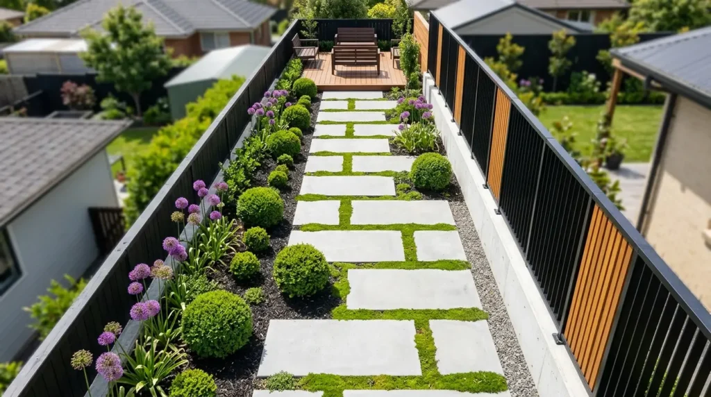 A modern rooftop garden features a pathway of large, square stone slabs surrounded by lush green grass. On either side, neatly trimmed bushes and purple flowering plants create a vibrant border. At the end of the path, a wooden deck with seating overlooks the surrounding neighborhood.