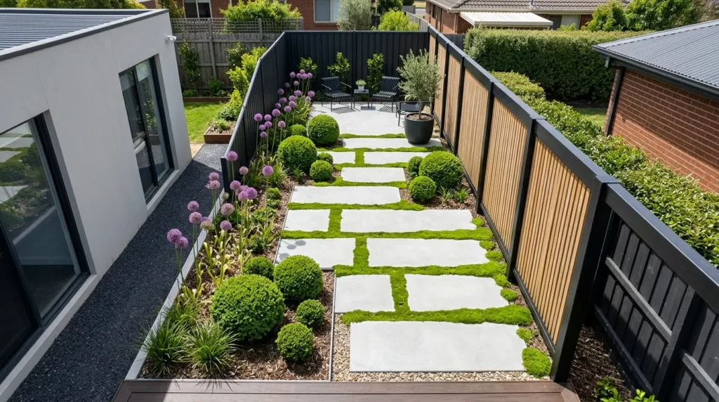 A modern backyard features a neat, rectangular garden with stepping stones set in lush green moss. Tall, purple flowering plants line the left side, while round shrubs add texture. A black and wood fence encloses the space, and a small seating area with chairs and a potted plant is visible at the far end.