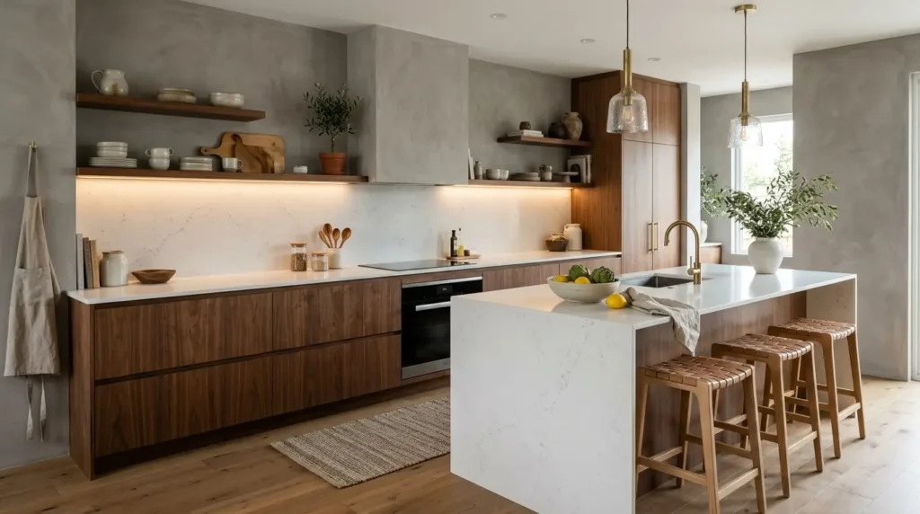 Modern organic kitchen design blending smooth grey plaster walls with flat-panel walnut wood cabinets and a white quartz island.