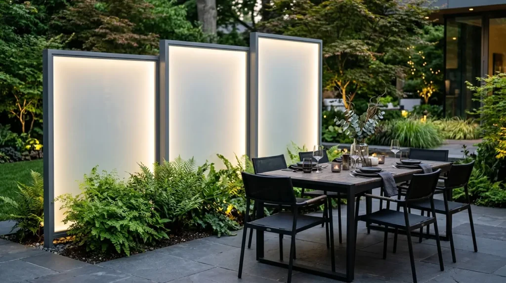 A stylish outdoor dining area features a modern table set for six with black chairs, surrounded by lush greenery. Three illuminated privacy panels provide a soft glow, enhancing the cozy ambiance of the garden setting.