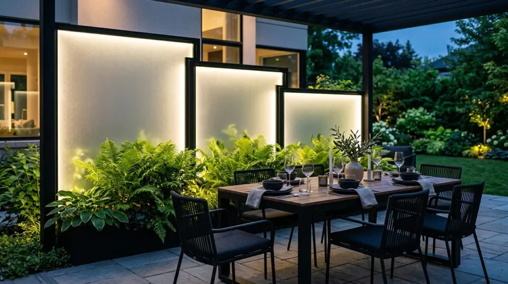 A stylish outdoor dining area features a wooden table set with plates, glasses, and a vase, surrounded by black chairs. In the background, illuminated frosted panels create a soft glow, complemented by lush green ferns and a manicured garden.