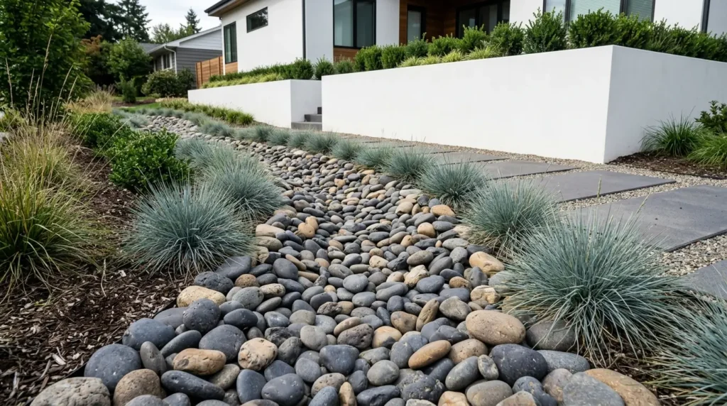 Eco-friendly rain garden with river stones and ornamental grasses in a minimalist design.