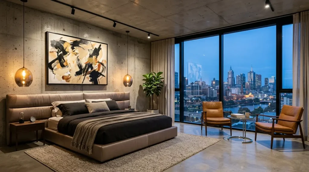 Modern bedroom with exposed concrete walls, abstract art, and leather chairs.