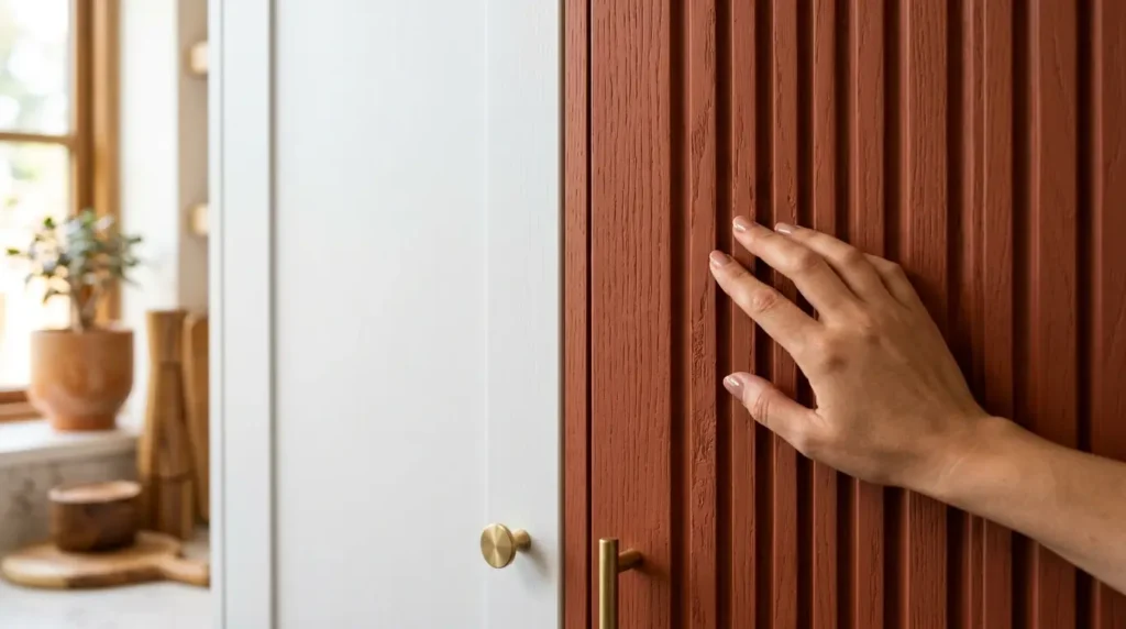 A hand gently touches a textured wooden cabinet door with vertical grooves, featuring a brass handle. To the left, a white cabinet with a round brass knob is partially visible, and a sunlit window with potted plants and wooden utensils is in the background.