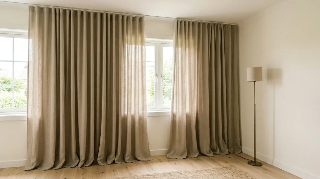 A room with tall beige curtains covering two windows, allowing some light to filter through, and a simple floor lamp with a matching shade stands to the right on a light wooden floor.