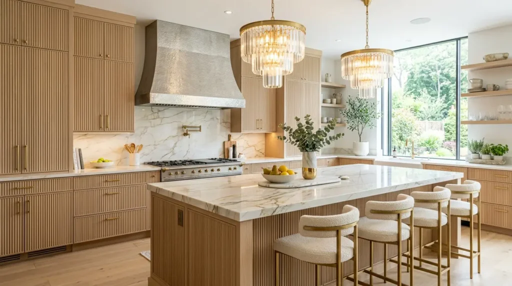 High-end kitchen with fluted white oak cabinetry, a custom hammered-platinum stove hood, and glossy quartzite island countertops.