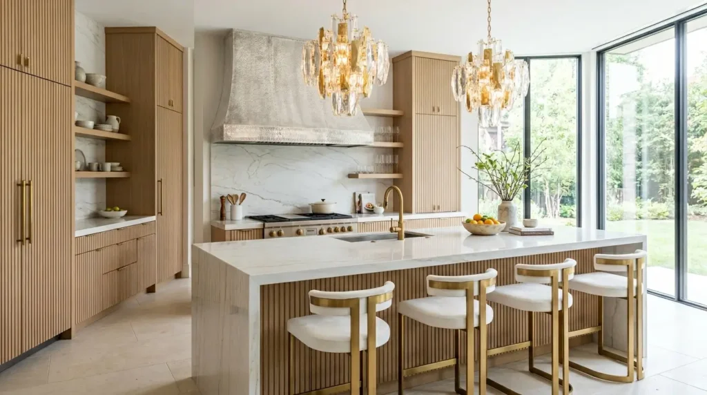 High-end kitchen with fluted white oak cabinetry, a custom hammered-platinum stove hood, and glossy quartzite island countertops.