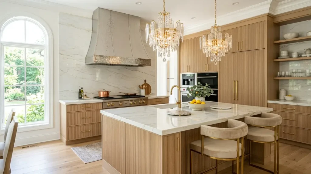 High-end kitchen with fluted white oak cabinetry, a custom hammered-platinum stove hood, and glossy quartzite island countertops.