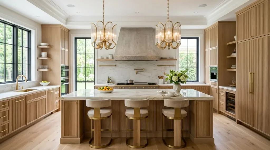 High-end kitchen with fluted white oak cabinetry, a custom hammered-platinum stove hood, and glossy quartzite island countertops.