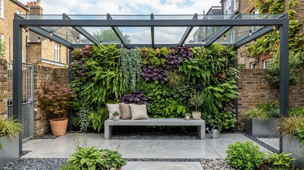 A modern garden features a lush vertical plant wall under a glass pergola. In front of the wall, a concrete bench with cushions and small potted plants sits on a smooth patio. The setting is framed by brick walls and additional greenery in pots, creating a serene outdoor space.