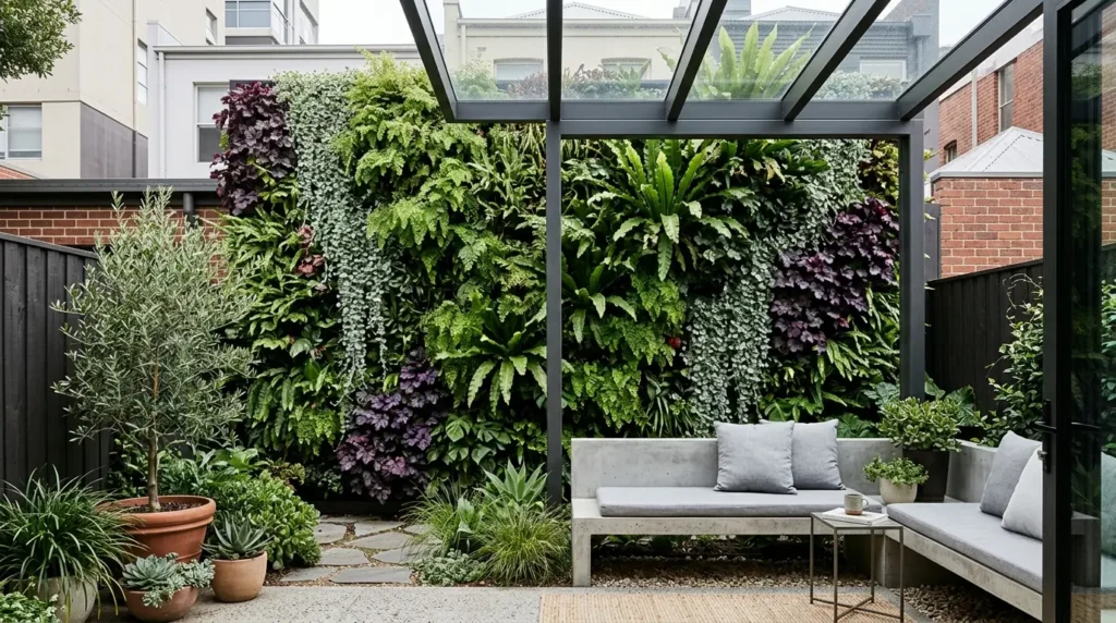 A modern outdoor patio features a lush vertical garden with a variety of green and purple plants. A sleek, gray L-shaped sofa is adorned with soft cushions, and a small table holds a plant and a cup. Potted plants, including an olive tree, add to the vibrant atmosphere, while a glass roof provides shelter.