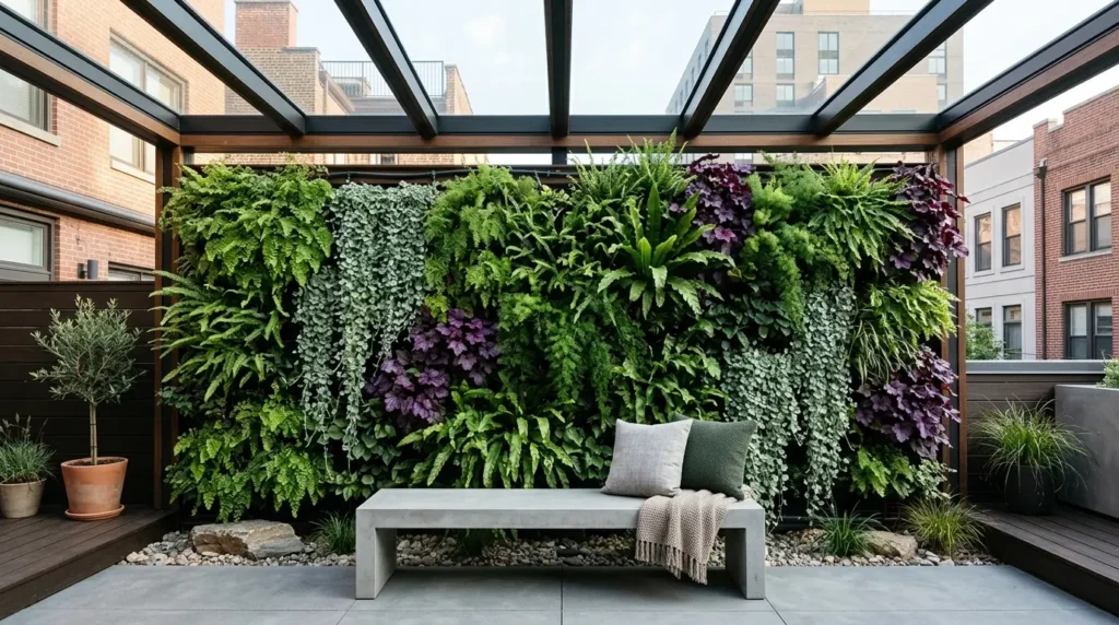 A stylish urban patio features a lush vertical garden with a variety of green and purple plants. A modern concrete bench with cushions and a throw blanket sits in front, surrounded by potted plants and stones, under a glass pergola with city buildings in the background.