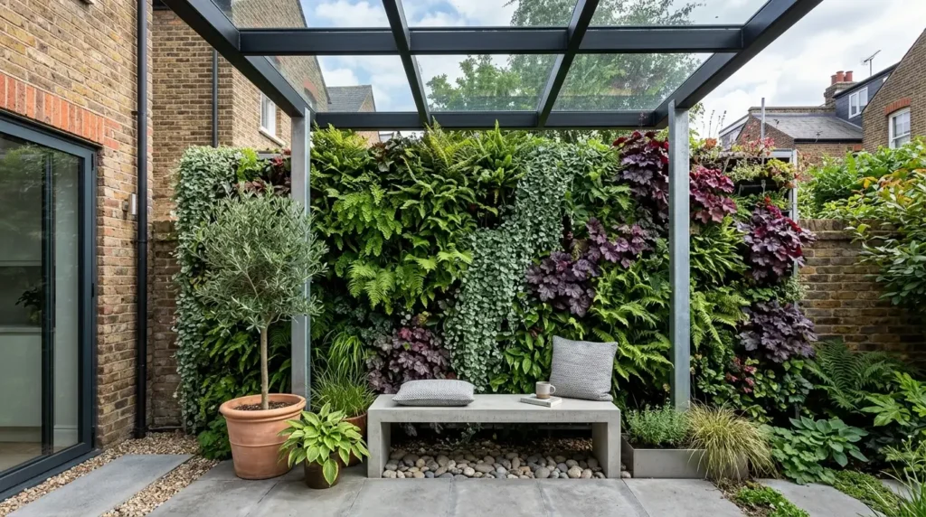 A modern outdoor patio features a lush vertical garden with various green and burgundy plants. A sleek concrete bench with two cushions and a mug sits beneath a glass pergola. A potted olive tree and other plants add to the tranquil setting, surrounded by brick walls.