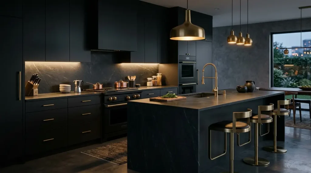 Dark and moody luxury modern kitchen showcasing matte charcoal black cabinets, dark soapstone countertops, and brushed brass fixtures.