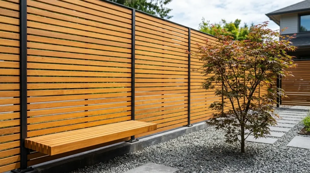 A modern backyard features a sleek wooden slat fence with black metal supports, accompanied by a simple wooden bench. A small tree with reddish leaves stands on gravel, and a stone path leads to a house in the background.