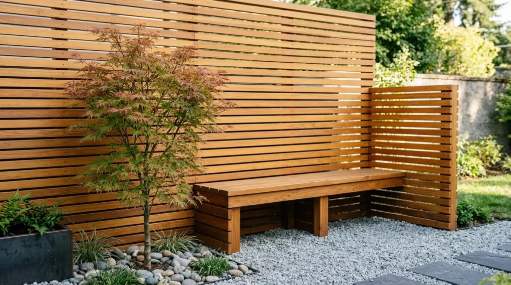 A modern outdoor space features a wooden slat privacy screen with a matching bench. A small tree with reddish leaves is planted beside the bench, surrounded by smooth river rocks. The ground is covered with light gravel, and lush greenery is visible in the background.
