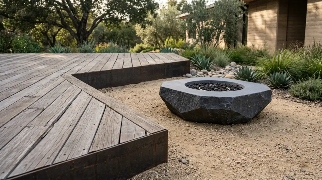 Sustainable backyard patio with reclaimed wood, recycled steel edging, and a basalt fire pit.