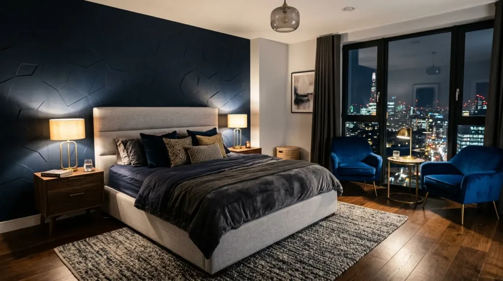 Deep navy blue bedroom with brass accents and velvet chairs overlooking city lights.