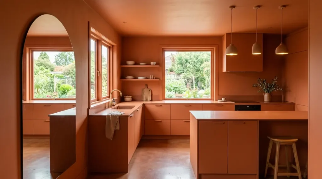A warm, terracotta-colored kitchen features sleek cabinets and countertops, with two large windows offering views of lush greenery outside. Pendant lights hang above the island, and a wooden stool is tucked underneath. Shelves display neatly arranged dishes, adding to the cozy atmosphere.