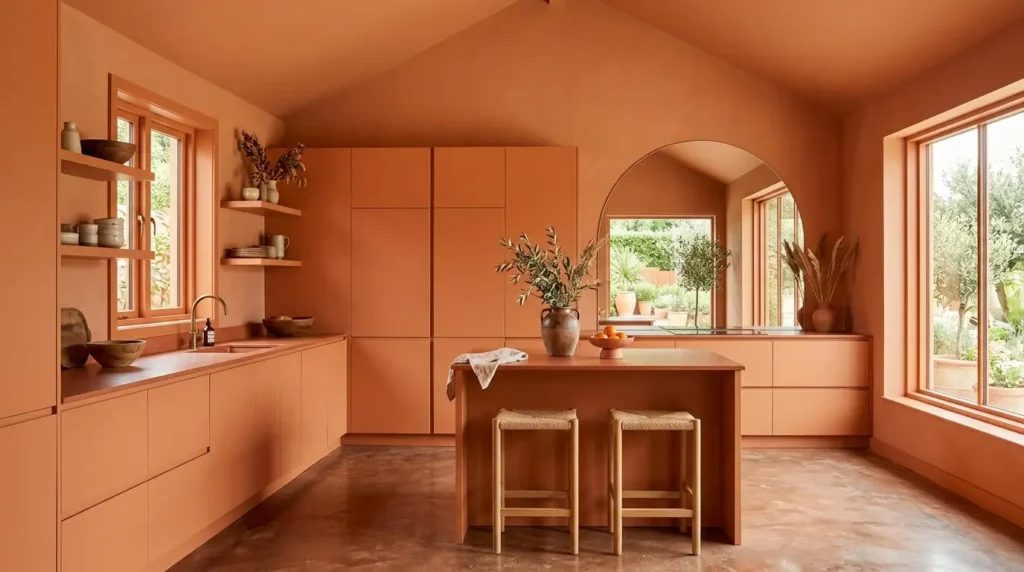 A warm, terracotta-colored kitchen features sleek cabinetry, a central island with two stools, and large windows that let in natural light. Shelves hold pottery and plants, adding a rustic touch, while a round mirror reflects the lush outdoor garden.