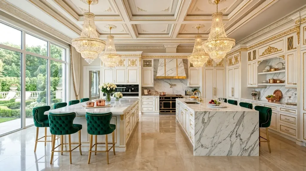 Extravagant modern kitchen with two parallel marble islands, glossy white lacquered cabinets, emerald green bar stools, and three crystal chandeliers.