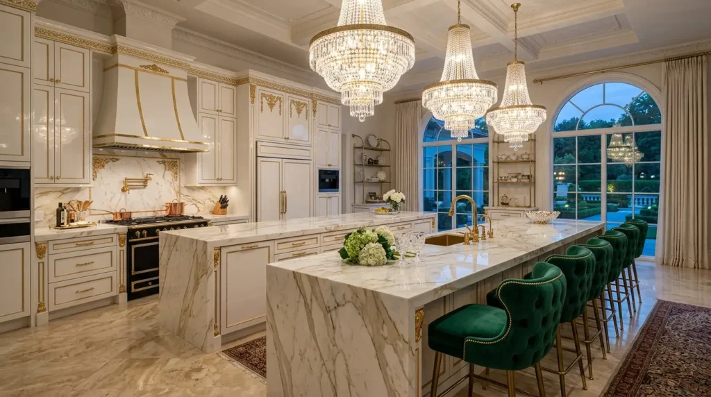 Extravagant modern kitchen with two parallel marble islands, glossy white lacquered cabinets, emerald green bar stools, and three crystal chandeliers.