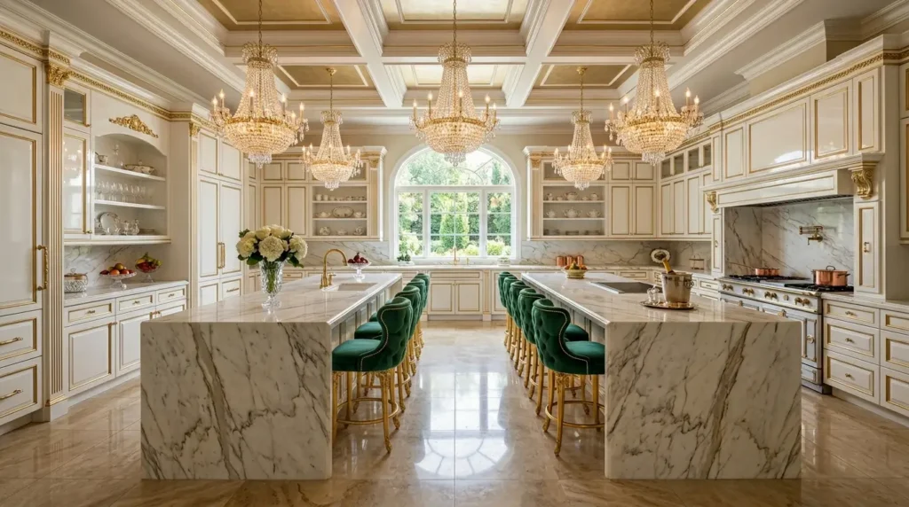 Extravagant modern kitchen with two parallel marble islands, glossy white lacquered cabinets, emerald green bar stools, and three crystal chandeliers.