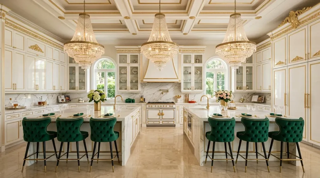 Extravagant modern kitchen with two parallel marble islands, glossy white lacquered cabinets, emerald green bar stools, and three crystal chandeliers.