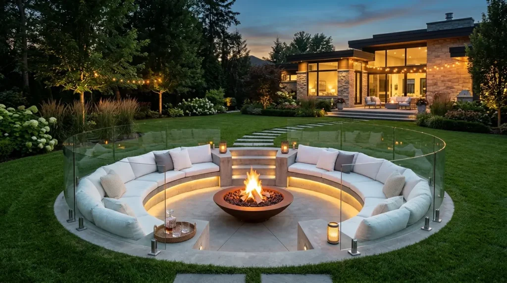 A modern outdoor seating area features a circular sunken lounge with plush white cushions and a central fire pit, surrounded by a glass barrier. The setting is in a lush garden with a well-lit contemporary house in the background, creating a cozy evening ambiance.