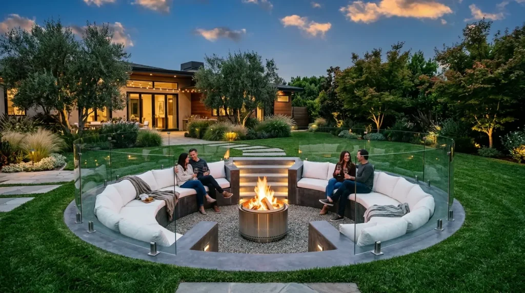 A cozy outdoor seating area features a circular arrangement of white cushioned benches around a central fire pit, enclosed by glass panels. Two couples sit, enjoying drinks and conversation, surrounded by a lush garden and a modern house in the background, under a sky with scattered clouds at dusk.