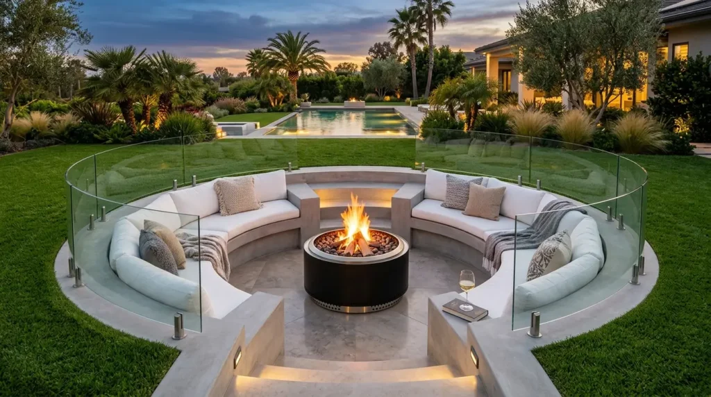 A luxurious outdoor seating area features a circular sunken fire pit surrounded by plush white couches adorned with pillows. The area is enclosed by a sleek glass railing, set within a lush green lawn. In the background, a serene pool and palm trees are visible, with the warm glow of a house's lights illuminating the scene at dusk.