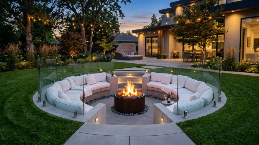 A cozy outdoor seating area features a circular arrangement of white cushioned sofas around a central fire pit, enclosed by clear glass panels. The setting is surrounded by lush greenery and illuminated by string lights, with a modern house visible in the background at dusk.