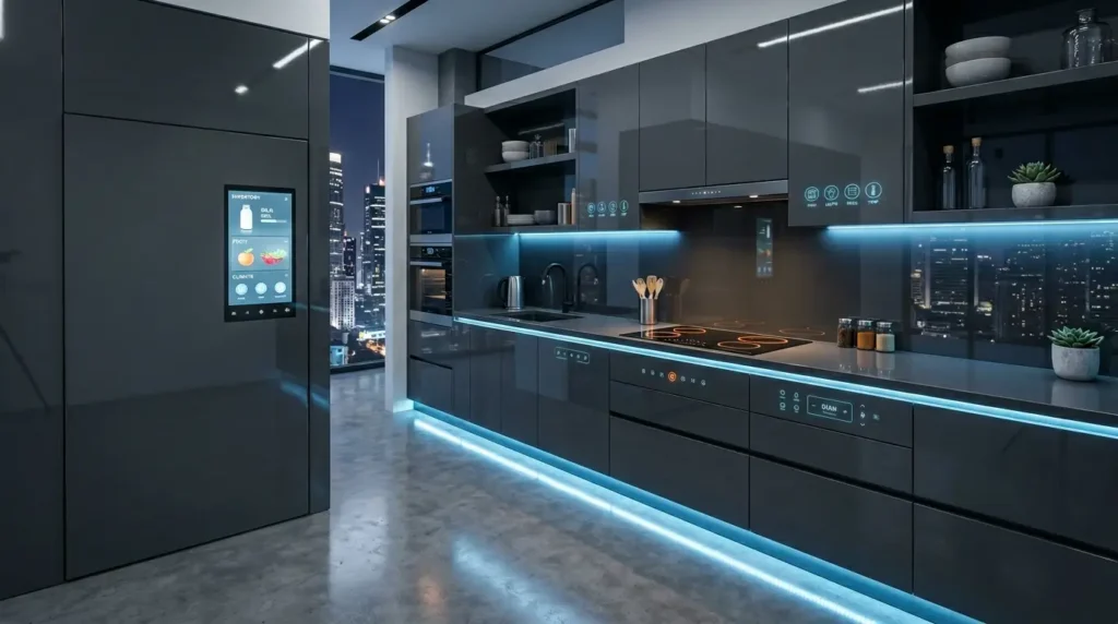 Futuristic sleek modern smart kitchen with glossy dark grey cabinetry, integrated touch panels, and a flush-mount induction cooktop.