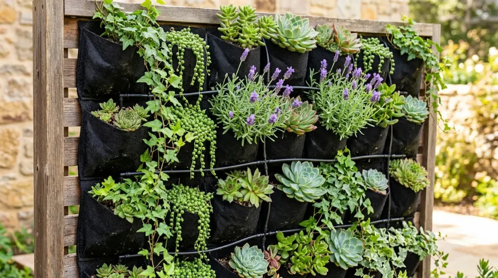 A vertical garden features a variety of plants, including succulents, ivy, and lavender, arranged in black fabric pockets on a wooden frame. The lush greenery and vibrant purple flowers create a striking contrast against the stone wall in the background.