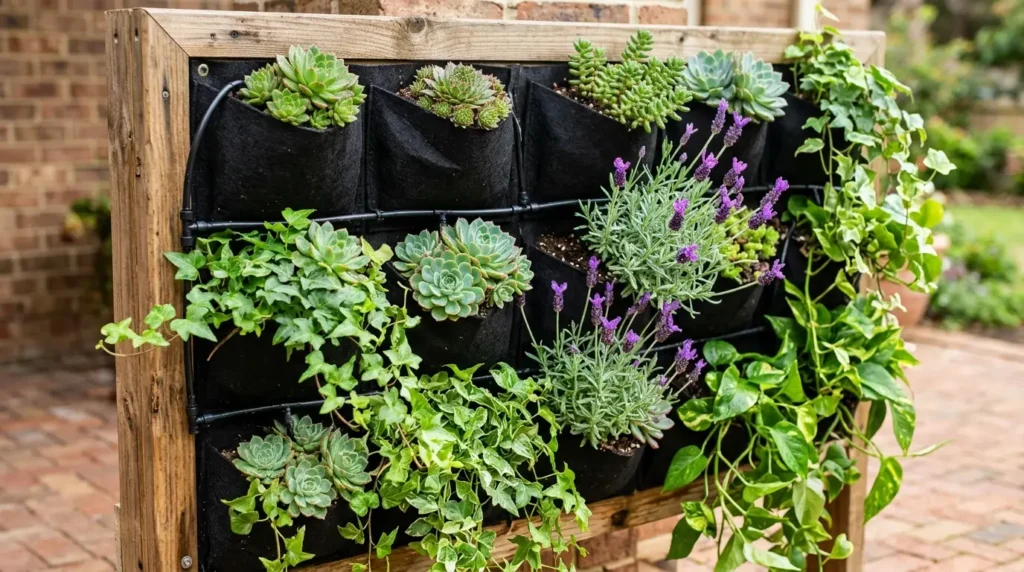 A wooden frame on a brick patio holds a vertical garden with black fabric pockets filled with various plants, including succulents, ivy, and blooming lavender.