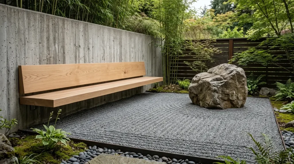 Minimalist Zen seating area with an oak floating bench and gravel ground cover.