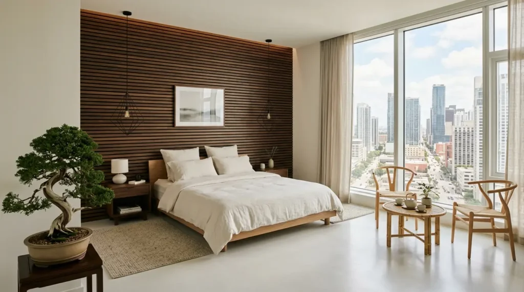 Japandi style bedroom with dark wood slat walls and minimalist furniture.
