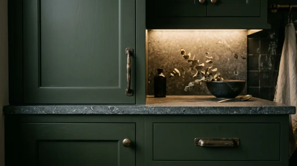 A dimly lit kitchen corner features dark green cabinets with brass handles and a stone countertop. A small bowl with eucalyptus leaves and a dark bottle sit under the warm under-cabinet lighting, creating a cozy atmosphere.