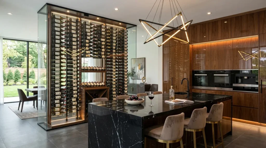 Luxury kitchen interior featuring a floor-to-ceiling glass-enclosed wine display, rich walnut cabinetry, and a black Marquina marble island.