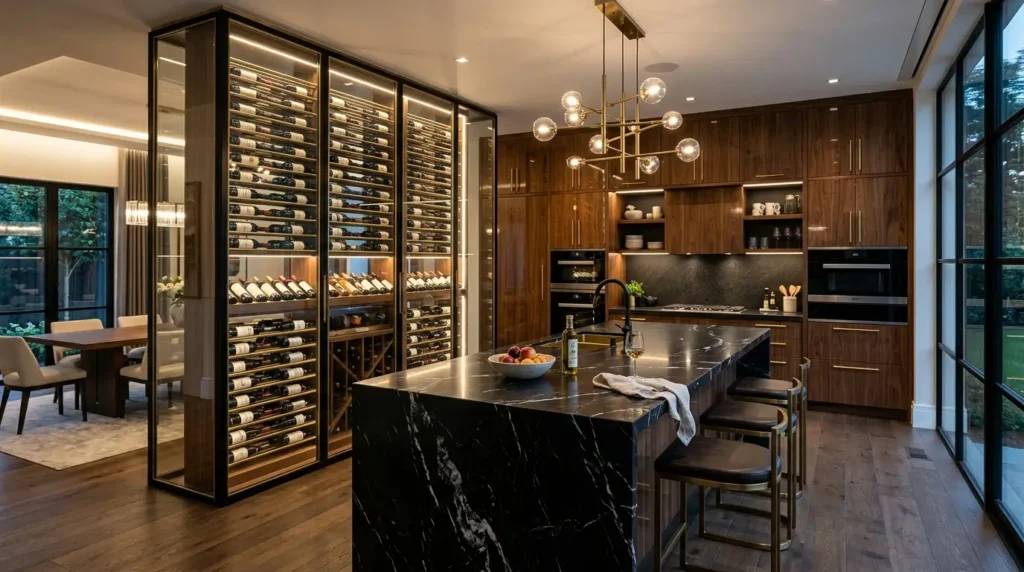 Luxury kitchen interior featuring a floor-to-ceiling glass-enclosed wine display, rich walnut cabinetry, and a black Marquina marble island.