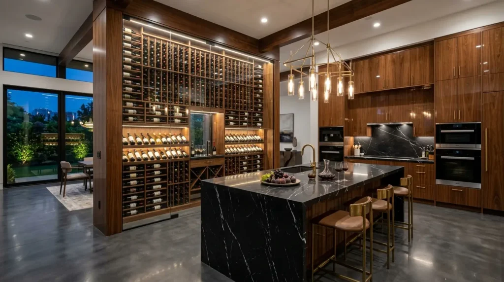 Luxury kitchen interior featuring a floor-to-ceiling glass-enclosed wine display, rich walnut cabinetry, and a black Marquina marble island.