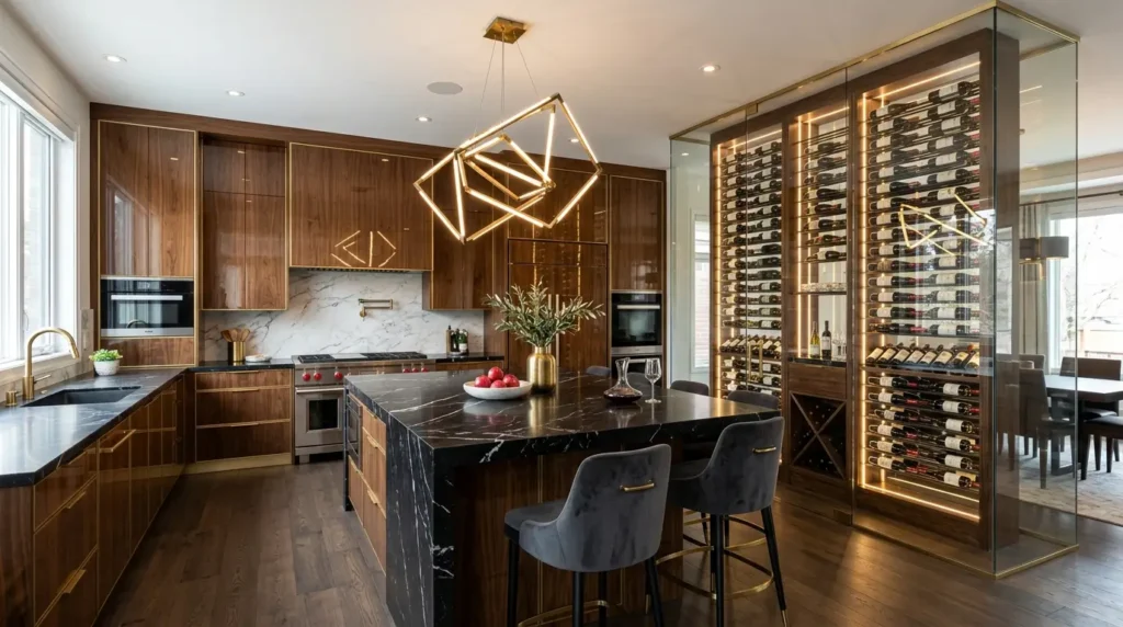 Luxury kitchen interior featuring a floor-to-ceiling glass-enclosed wine display, rich walnut cabinetry, and a black Marquina marble island.