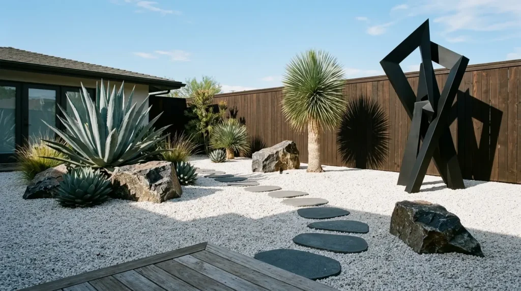 A modern garden features a striking geometric sculpture on a bed of white gravel, surrounded by large agave plants and rocks. A path of circular stepping stones leads through the space, with a wooden fence and a small tree in the background.