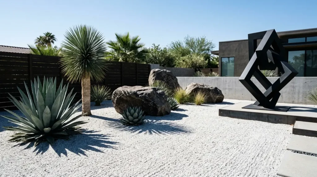 A modern desert landscape features various succulents and agave plants set in a white gravel yard. Large boulders add texture, while a striking geometric black sculpture stands prominently on a platform. A wooden fence and contemporary building frame the background under a clear blue sky.