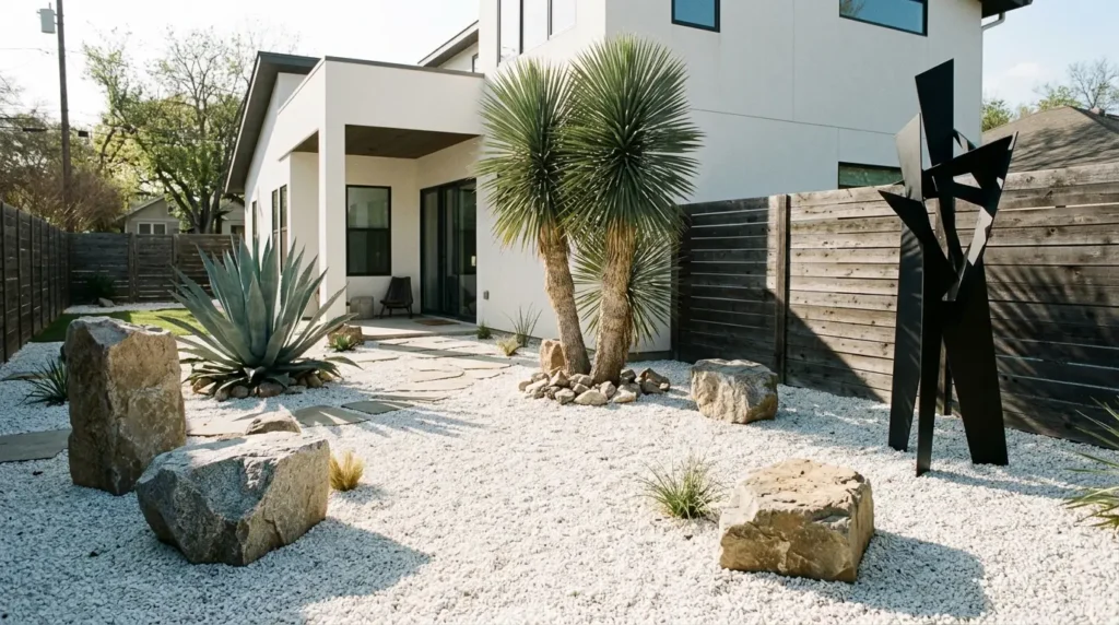 A modern backyard features a minimalist design with white gravel, large rocks, and desert plants like a yucca and agave. A black abstract sculpture stands near a wooden fence, while the house in the background has a sleek, contemporary style with large windows and a covered patio.